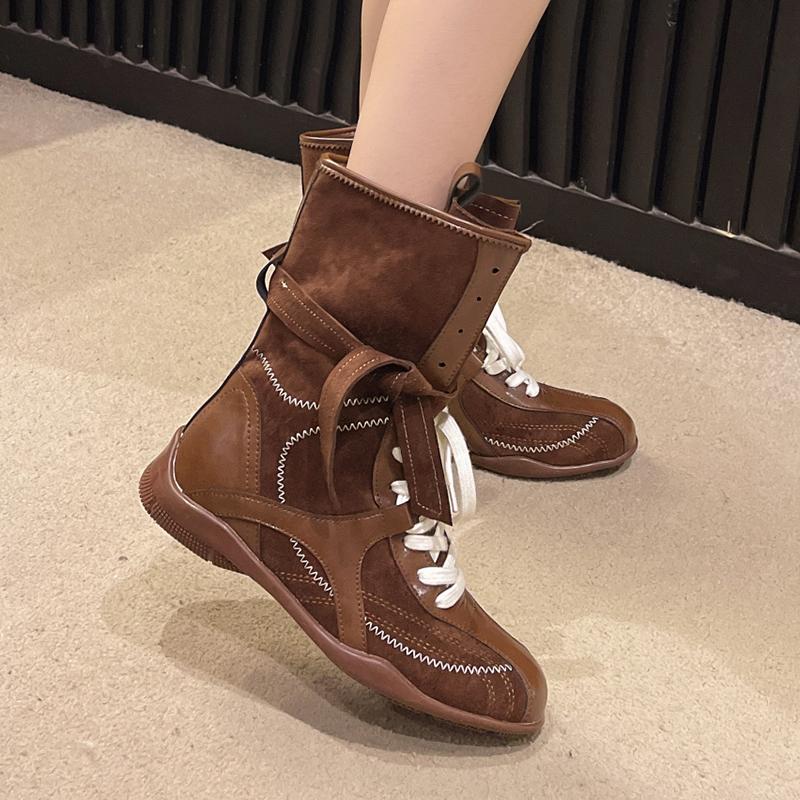 Fashion Fashion Lace Up Mid Calf Boots Women Y2K Gothic Low Heels Motorcycles Boots Woman Pu Leather Patchwork Punk Riding Botas Mujer
