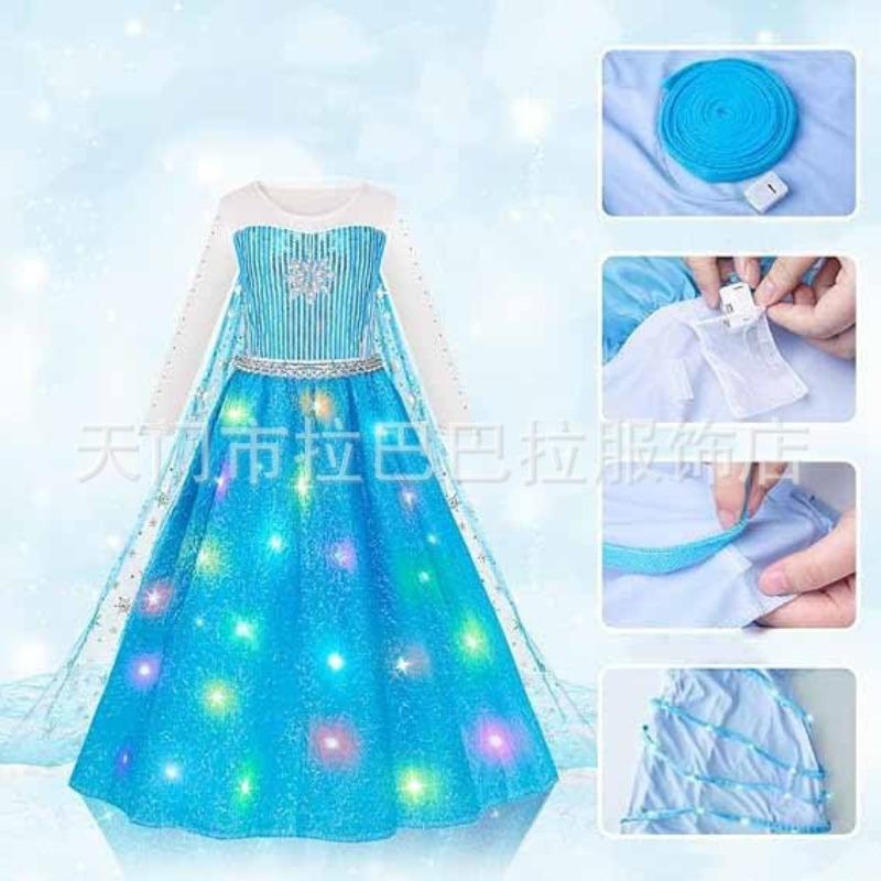Snow Fairy Long Cape LED Princess Dress, Girls 3-10Y Birthday Halloween Party Flashing Outfit Blue