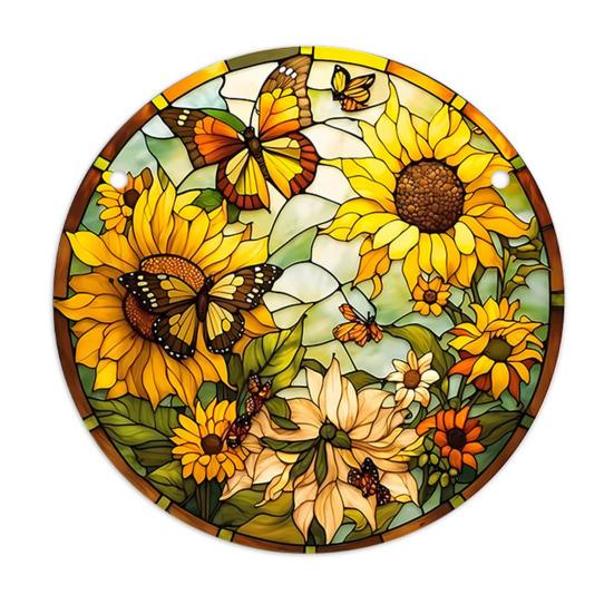 Round Stained Glass Style Window Hangings 5.9 Inch Colorful Sun Catcher with Chain for Indoor Outdoor Decor Light Reflection Artistic Gift