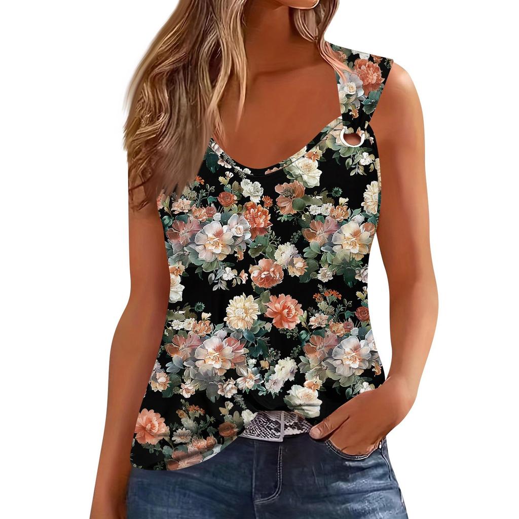 Womens Tank Top V Neck Basic Printed Casual Flowy Sleeveless Deep Side Cut Tops For Women