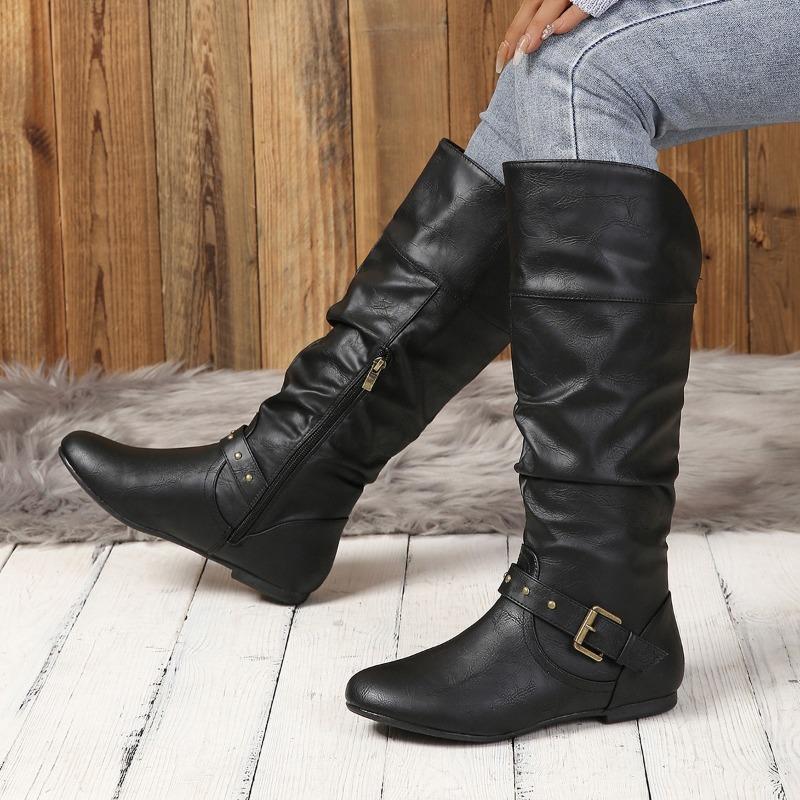 Women's Autumn-Winter Retro Fashion Pull-On Long Boots With Belt Buckle, Round-Toe Style, Available In Large Sizes.