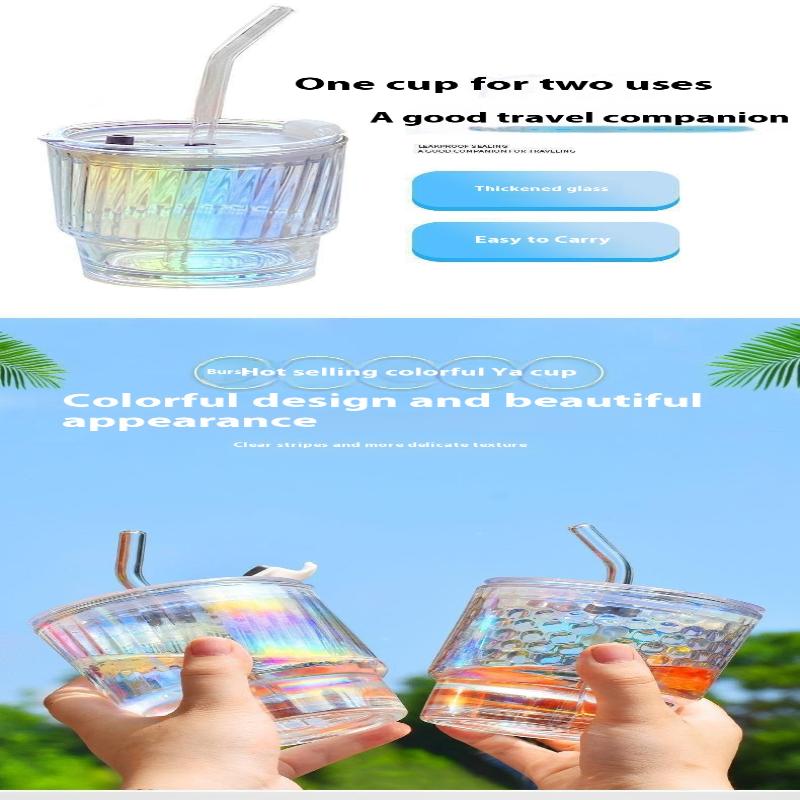 Colourful Coating Glass Cup Portable Household Iced Coffee Juice Drink Mug With Plastic Lid And Glass Straw