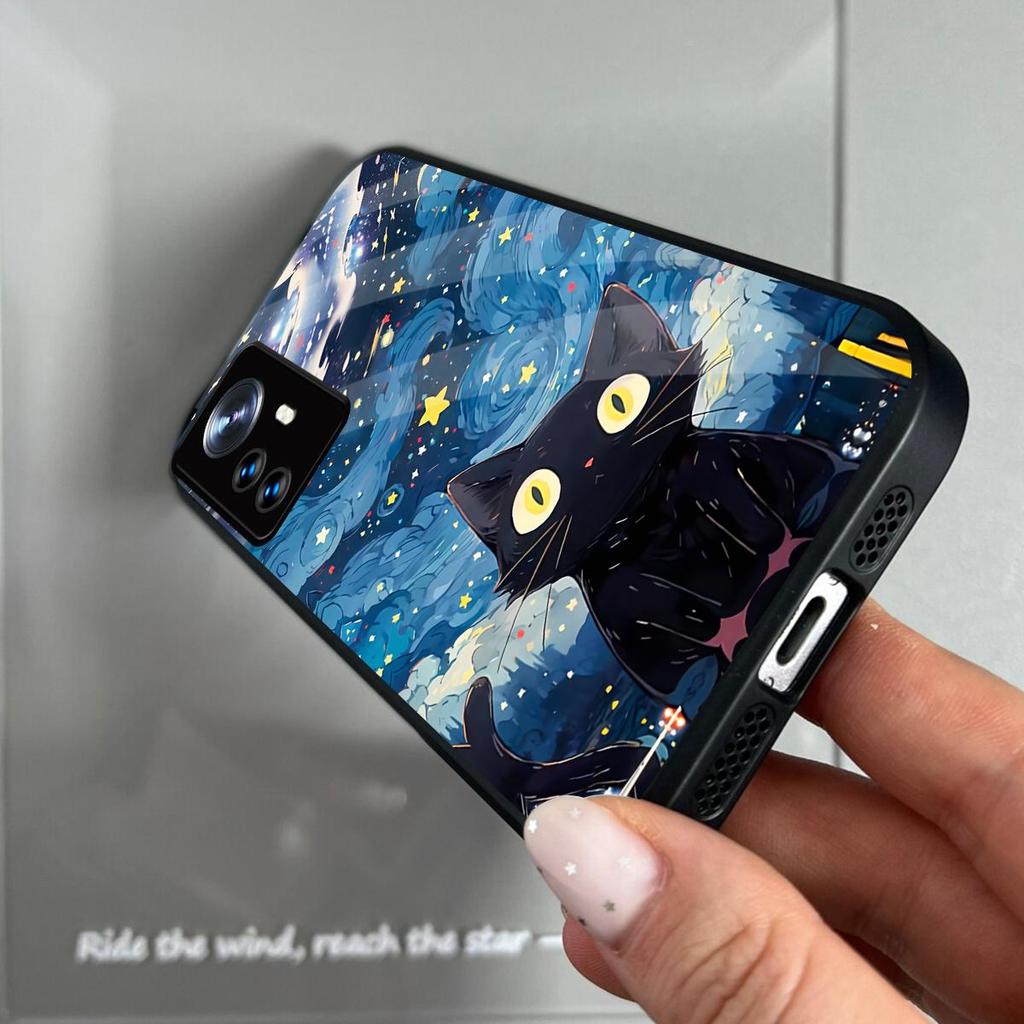 Чехол для Xiaomi 12T Pro 12 12X Mi Lite Redmi Note 12S 4G Аниме Черная Кошка Звездное Облако Печать Чехол для Телефона Акриловая Жесткая Задняя Крышка С Гибким TPU Краем
