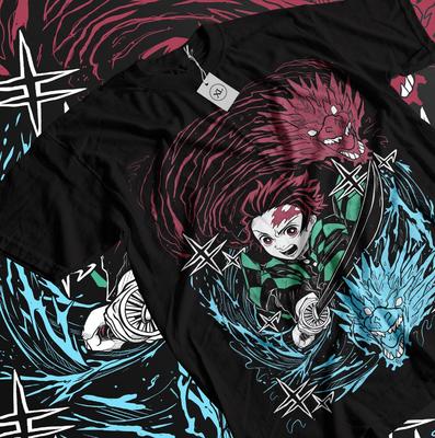 Anime Demon Slayer Tanjiro Sun Water Dragon Duo Black TShirt Gift For Friends