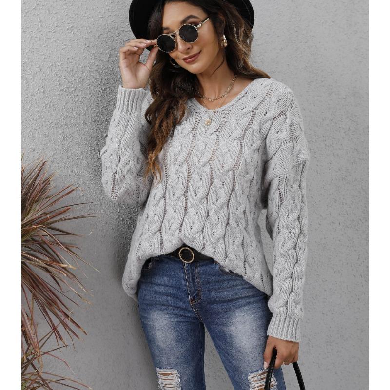 Autumn and Winter Women's Thickened Twist Knit V-Neck Hooded Loose Pullover Sweater