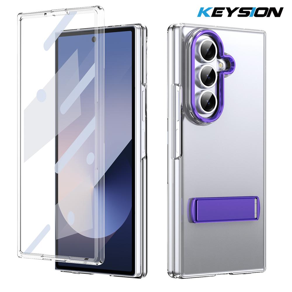 KEYSION Прозрачный чехол для Samsung Galaxy Z Fold 7 Жесткий ПК Металлическая подставка Противоударная крышка для телефона со стеклянной защитной пленкой для экрана