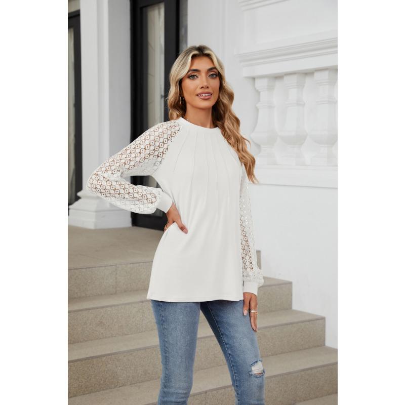 Осенняя женская блузка с кружевом и круглым вырезом, длинный рукав, свободный топ