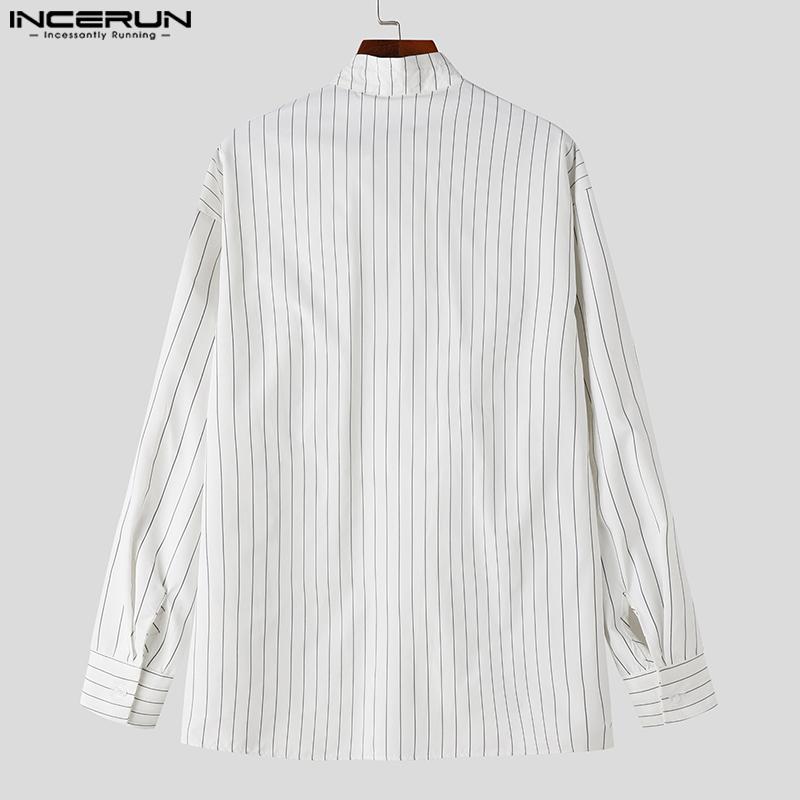 INCERUN Осенние мужские рубашки в полоску с длинным рукавом и воротником-стойкой, топы с повязками Bagge