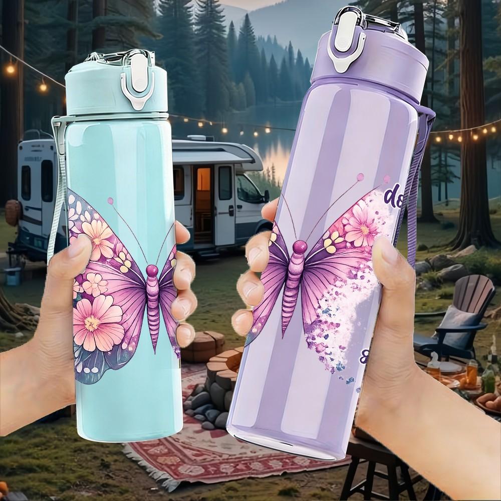 1PC Butterfly Christian Faith Quote Print 750ml Color Plastic Sports Water Bottle Leakproof Flip Straw Lid Suitable for Sports Office Home Use
