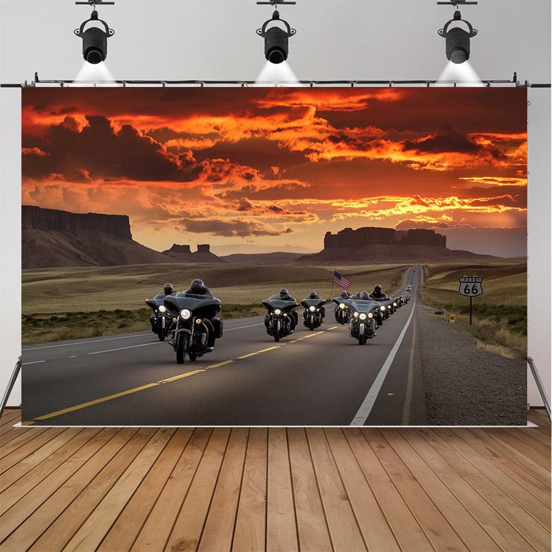 One party banner, motorcycle rider sunset road background decoration background photoDJH