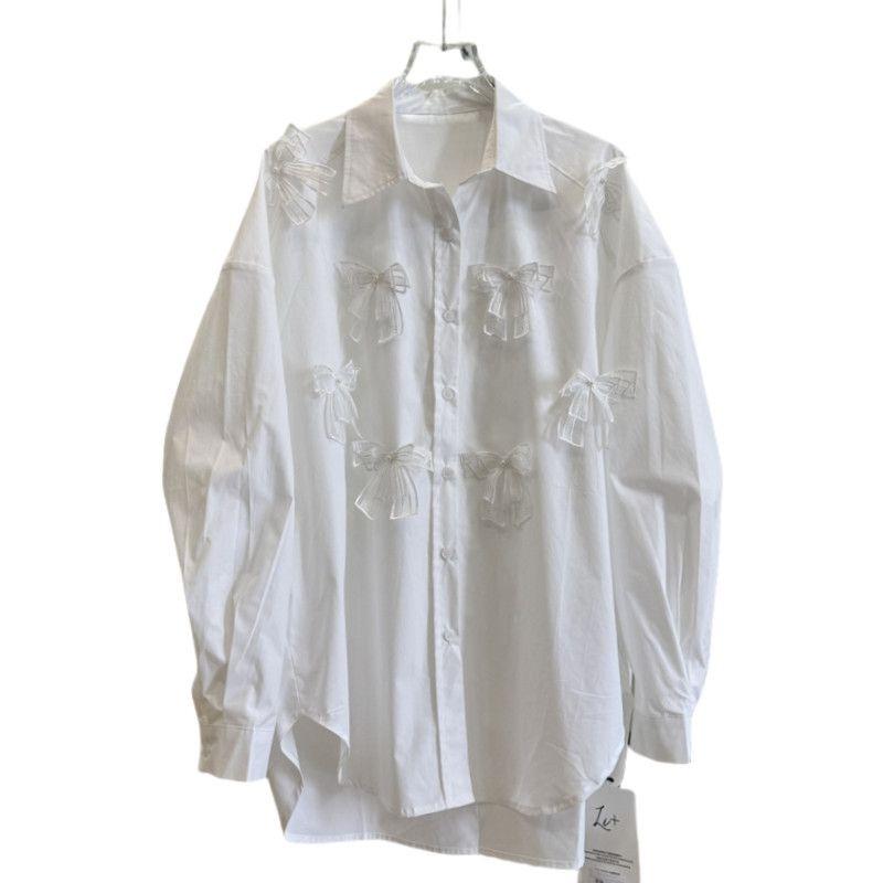 Women's 3D Lace Bow Shirts Solid Color Turn-down-collar Long Sleeved Spring Tops Loose Single Breasted Casual Blouses