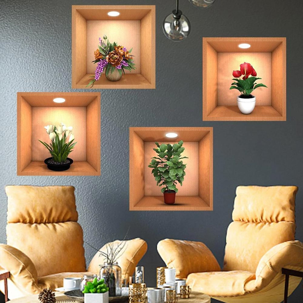 4 шт. 3D наклейки на стену с растениями, цветочный узор, зеленые растения, ПВХ наклейка на стену для украшения фона дома, художественной комнаты, спальни