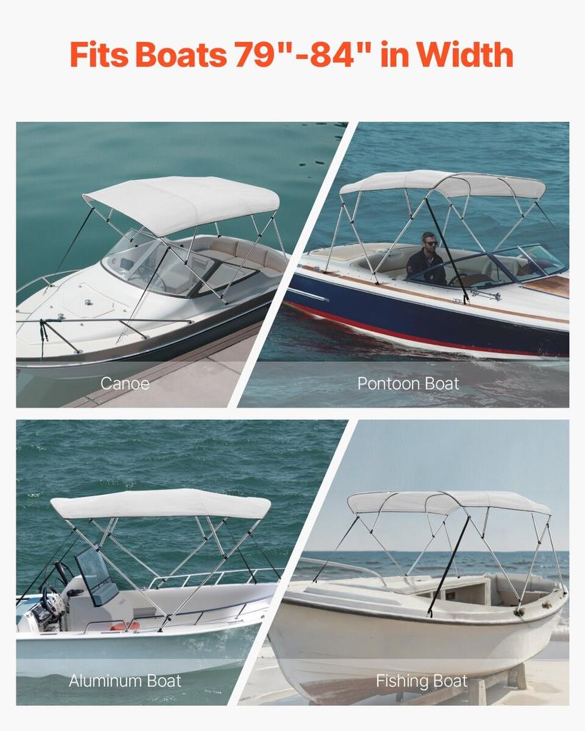 4 Bow Boat Bimini Tops 96"Lx(79"-84")W x 54"H Awning Canopy Light Grey