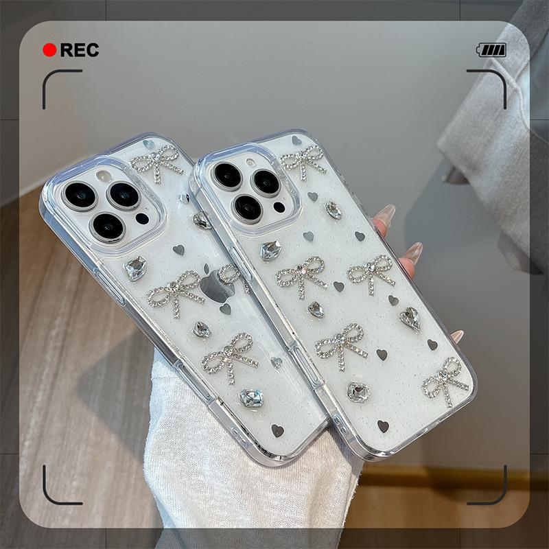 Three-dimensional Rhinestone Bow Pearl for IPhone17pro Phone Case for Apple 16 Glitter 15 Transparent 14 Women