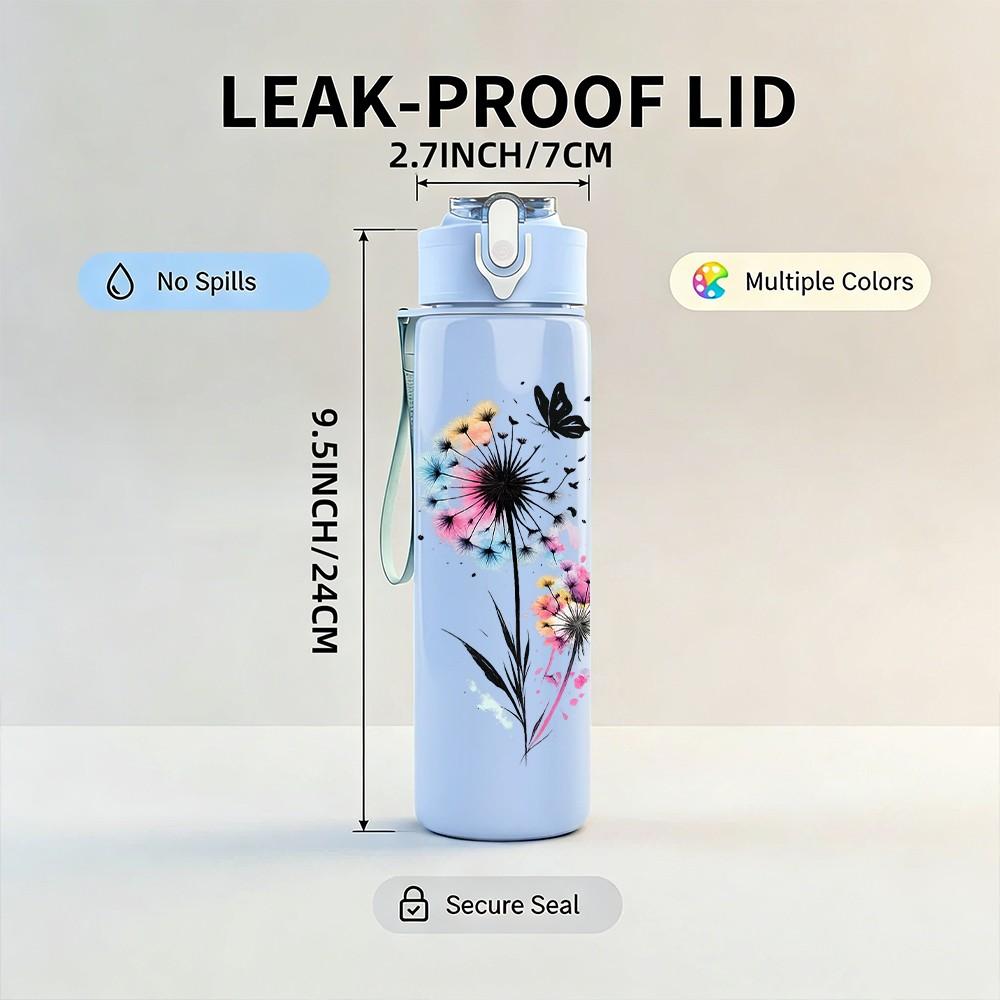 1PC Dandelion Flying Seed Watercolor Print 750ml Color Plastic Sports Water Bottle Leakproof Flip Straw Lid Suitable for Sports Office Home Use