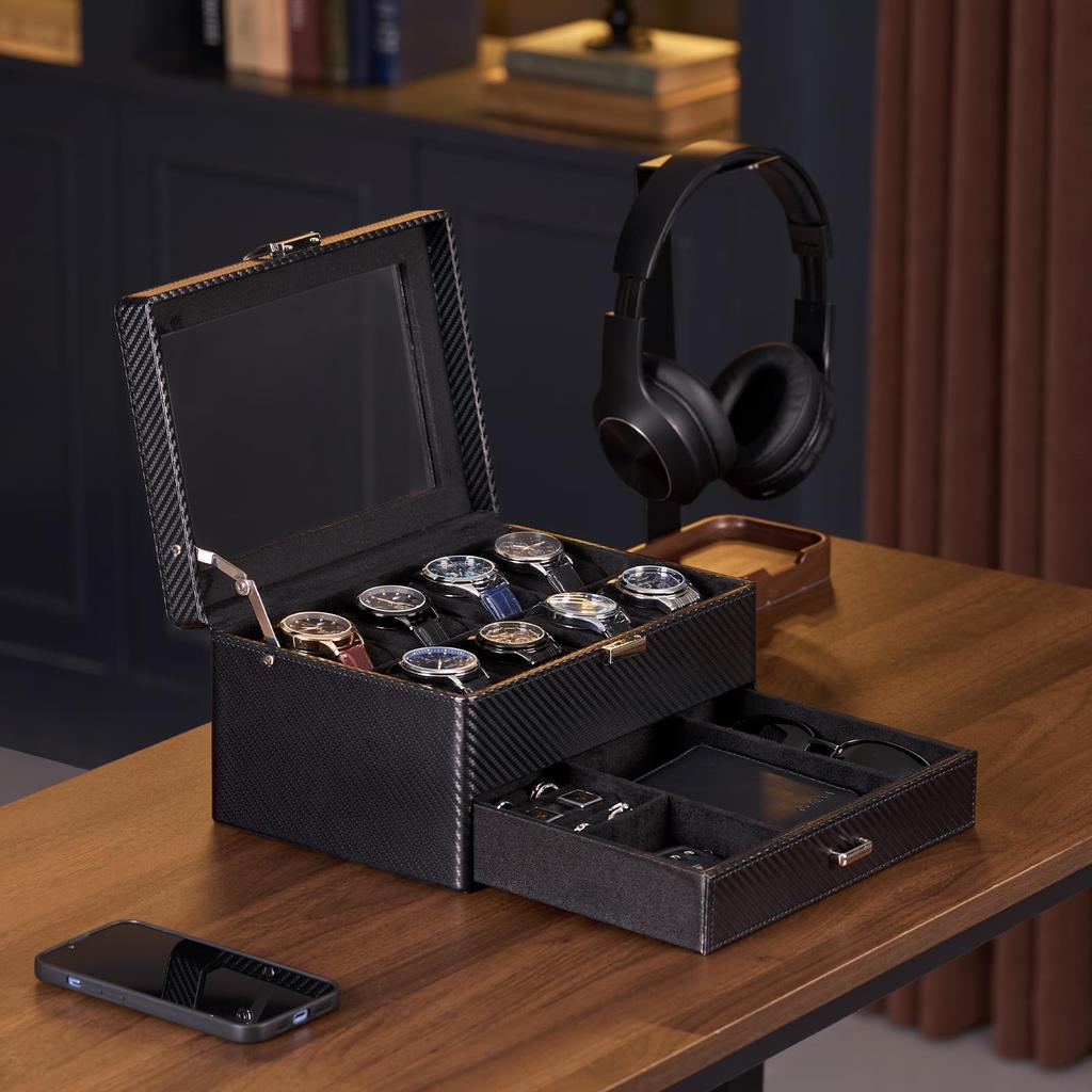 ProCase PU Часы Вмещает 8 Хранение Аксессуар Организует Маленький Идеально для Дней Рождений и Юбилеев Полностью Черный Кейс, 2-уровневый, Часы, Унисекс, Коробка, Кейс,