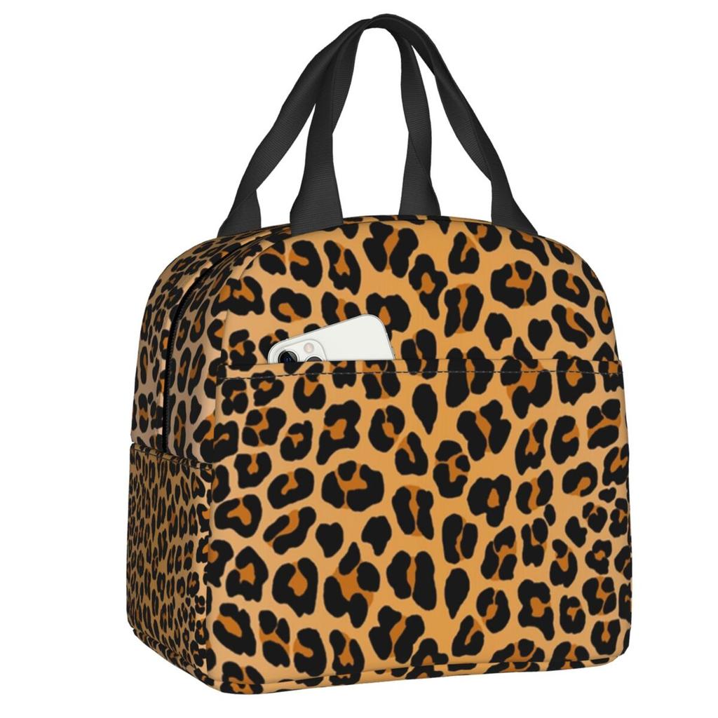 Custom Leopard Print Portable Lunch Boxes Women Leakproof Animal Fur Pattern Cooler Thermal Food Insulated Lunch Bag Student