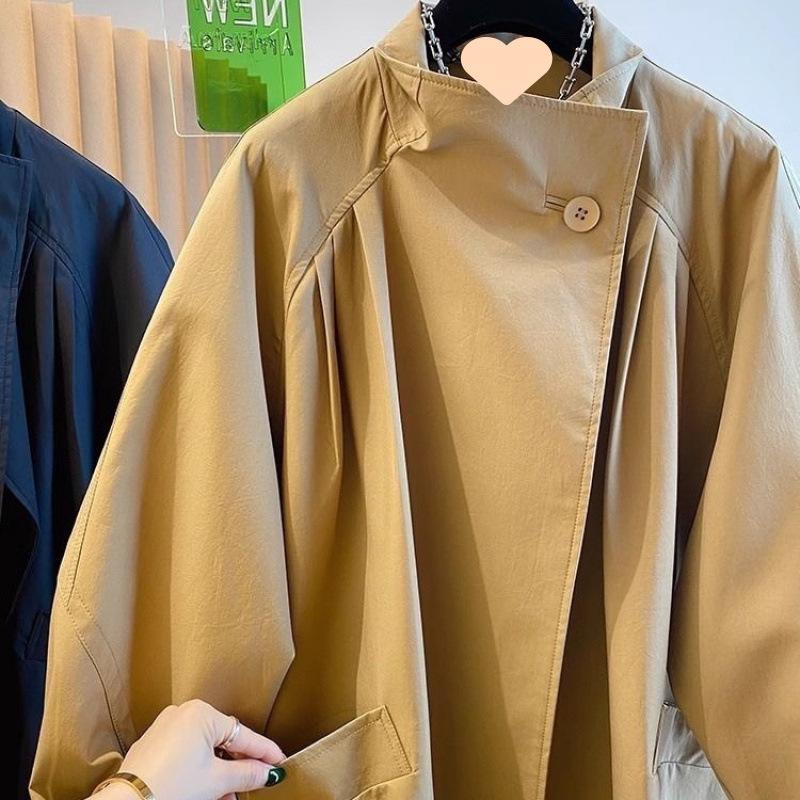 Высококачественная верхняя одежда с воротником-стойкой, весенняя, большого размера, женская, повседневная, свободная, средней длины, ветровка, подкладка, куртка цвета хаки, черный топ