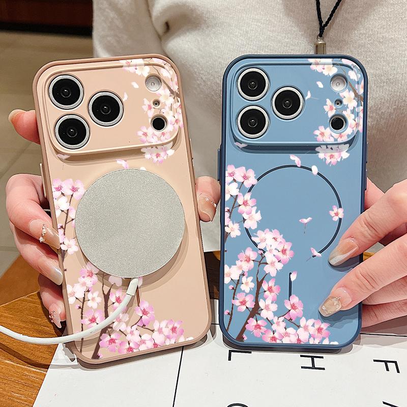 Pink Peach Blossoms Floral Pattern For iPhone 17 Pro Max Funda iPhone 16 15 14 13 Pro Max Skin Feeling Magnetic For Magsafe Shockproof Bumper Cover