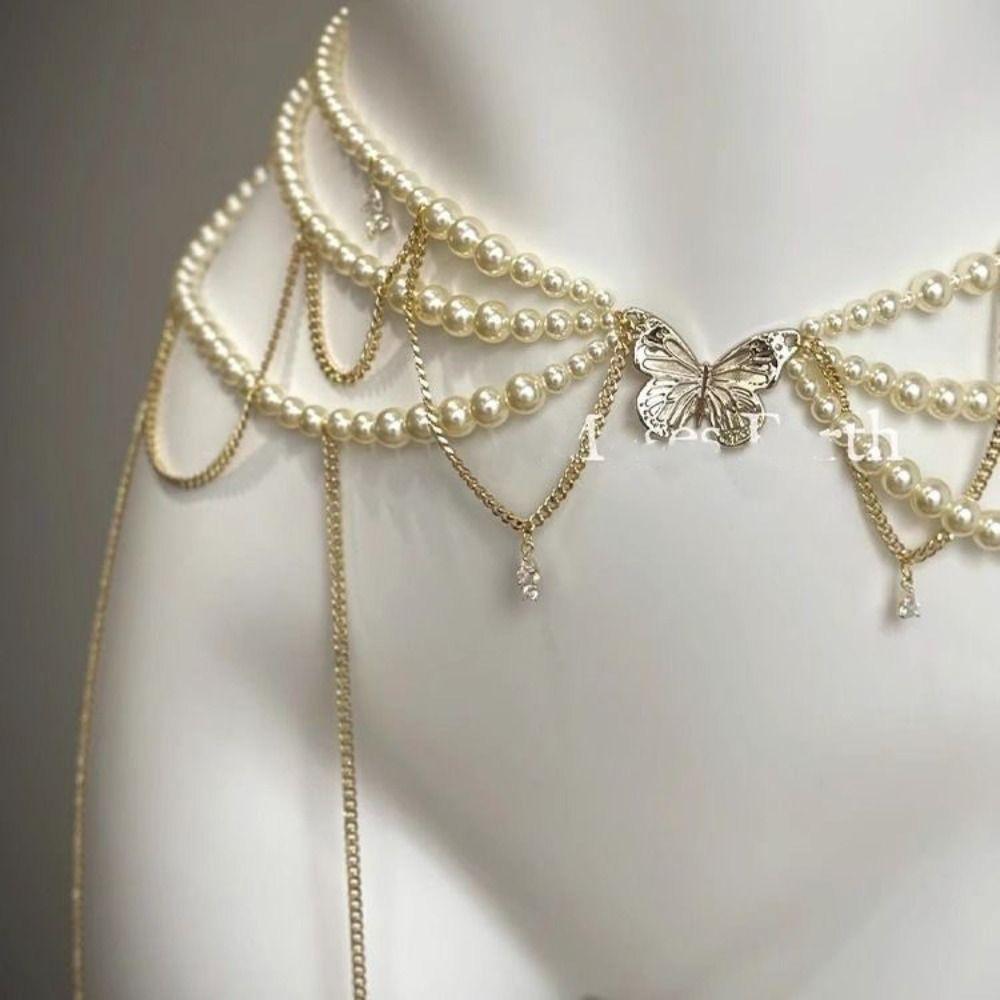 Elegant Multilayer Pearl Waist Chain Butterfly Belly Chain Retro Y2k Waistband Dress Accessories