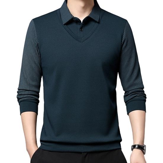 Мужская рубашка осень-весна с отложным воротником, имитация двухсекционного свитера в стиле пэчворк, большой размер, полосатая пуговица, формальный деловой стиль, мужской офисный топ