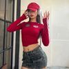 Vintage Red Woman Tshirts Long Sleeve T-shirt Tunic Fashion Tees O-neck Embroidery Y2k Crop Tops Sexy Shirts for Women