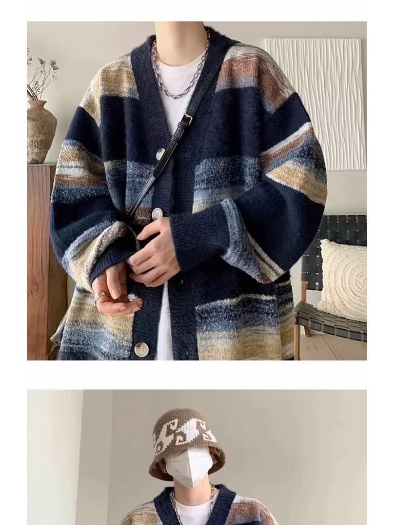 Мужской кардиган в стиле ретро с полосками и цветными блоками - вязаная куртка на осень/зиму для уютного и стильного образа