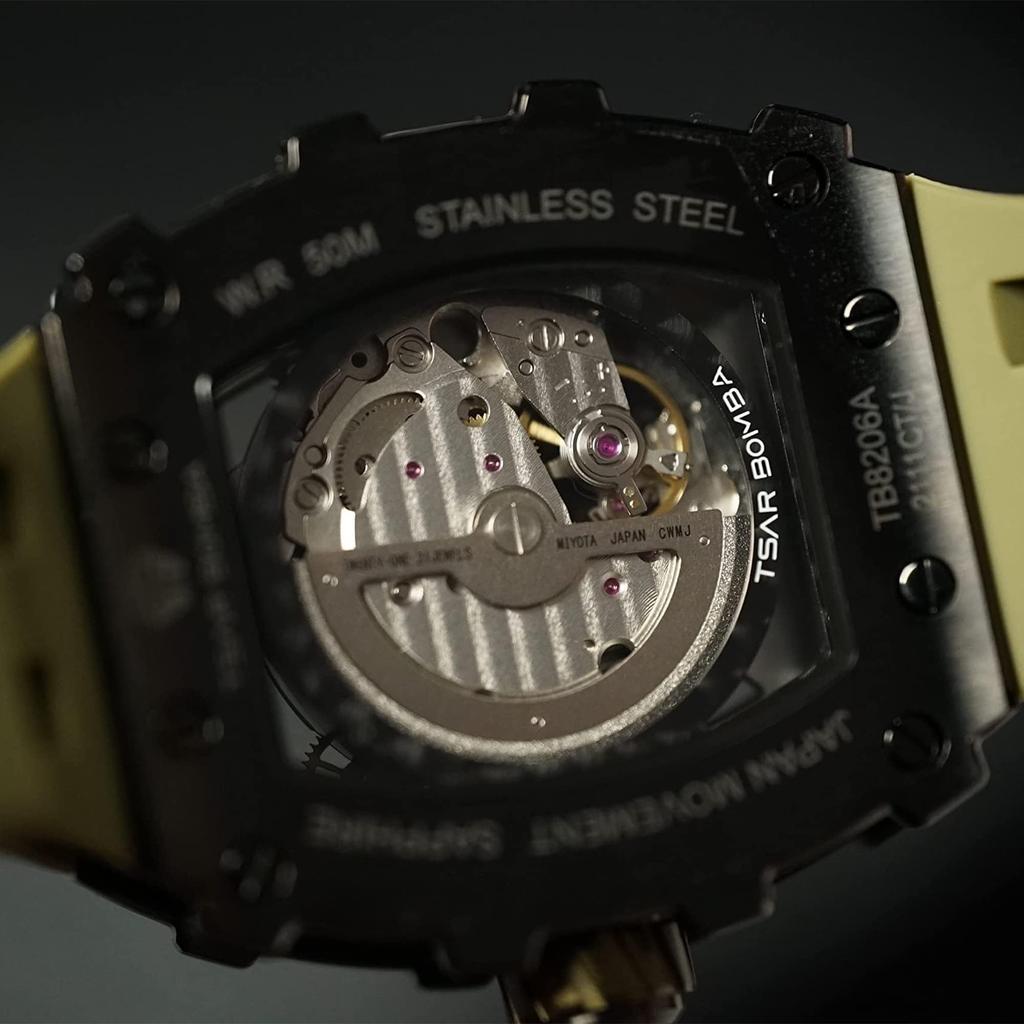 TSAR BOMBA Watch Business 50M Water Resistant Skeleton Watch Stylish Stainless Steel Tonneau Face Arm Watch for Men Luminous Japanese Movement Olive
