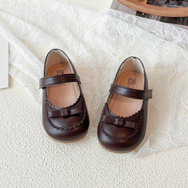 New Girls Princess Shoes Baby Fashion Bow Little Student Party Dance Shoe Kids Low-Heeled Leather Shoes Black Beige Brown I11077