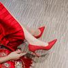 Small Size Wedding Shoes, Red Lace Bridesmaid High Heels, Women's Pointed Head Thin Heel Xiuhe Shoes, New Large Size Bridal Shoes