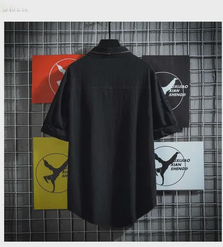 Мужская рубашка больших размеров в японском стиле с воротником-стойкой и короткими рукавами, однотонная