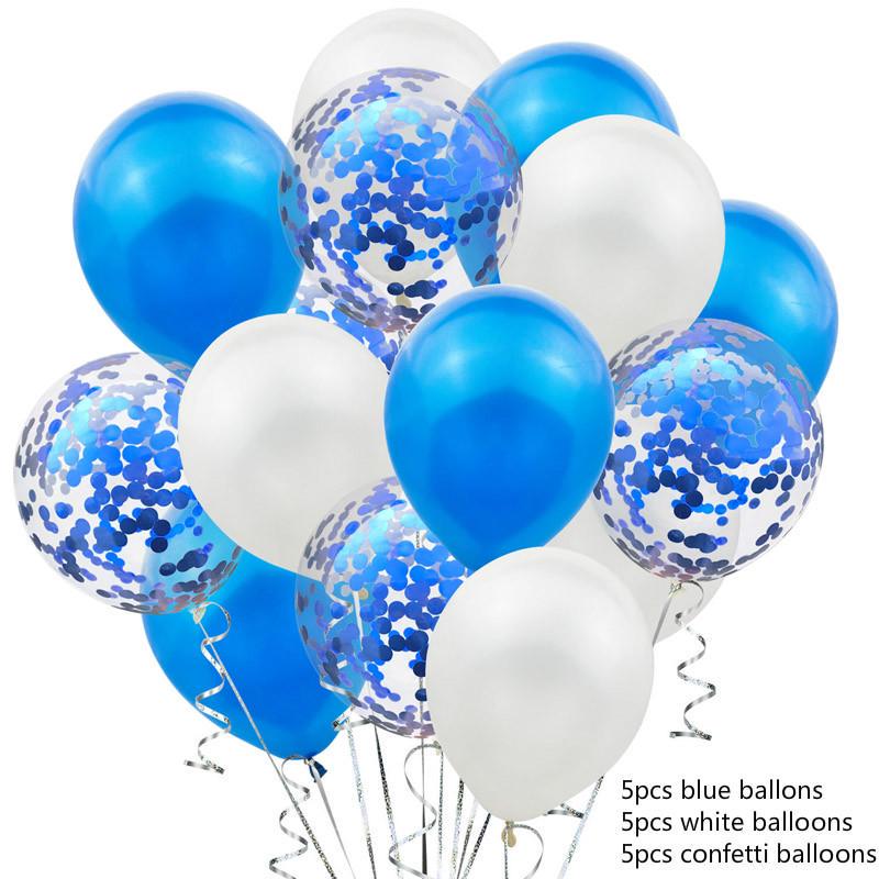 15 шаров, голубые. Белые. Перламутр, конфетти. Латексные шары. К дню рождения, декорирование детских праздников