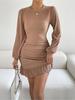 Round Neck Knitting Dress Waist Hugging Elegant Dress for Women Long Sleeve Solid Color Loose Dresses Causal Lotus Leaf Edge Dress