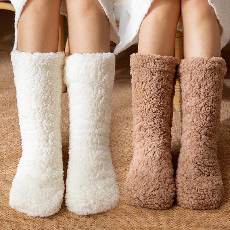 1 Pair Winter Warm Women Floor Socks Solid Color Plush Soft Non-slip Home Thickened Thermal Carpet Sock