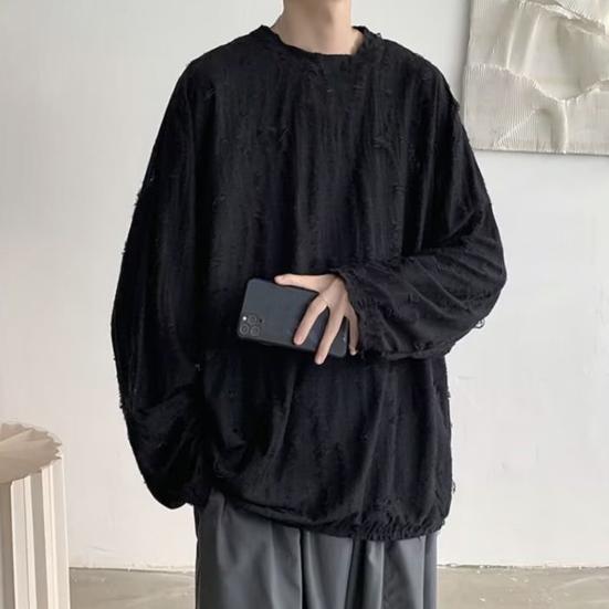 Мужская футболка с круглым вырезом, длинным рукавом, рваными отверстиями, однотонный джемпер, топы в уличном стиле, базовый слой, уличные топы