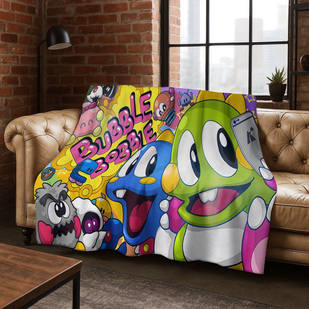 3D Retro Game Bubble Bobble Cartoon Flannel Blanket,Cozy Soft Throw Blanket for Home Bedroom Bed Sofa Picnic Cover Gift Kids