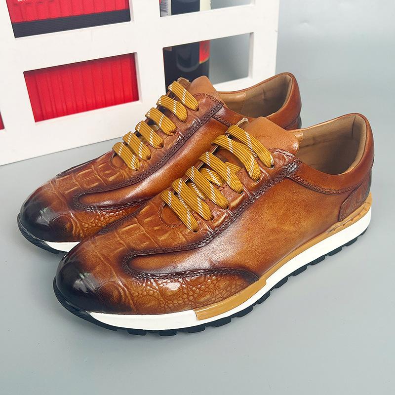 Crocodile Design Genuine Leather Mens Sneakers Comfortable Oxford Casual Shoes for Men Outdoor Walking Street Flat Footwear