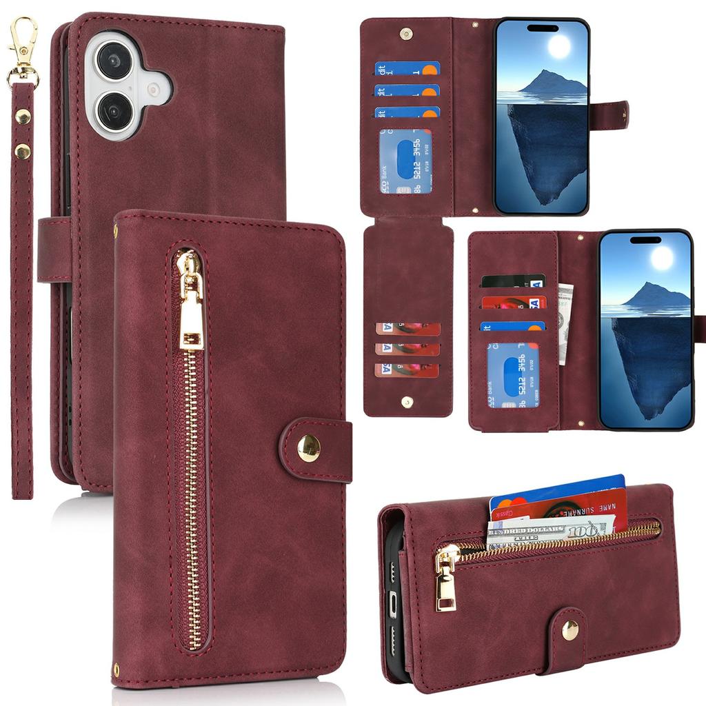 For iPhone 16 Stand Case PU Leather Phone Cover with Straps/Zipper Wallet/Multiple Card Slots