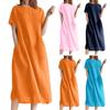 Women's Summer Large Loose Solid Cotton Linen Round Neck Short Sleeve Pocket Medium Length Dress