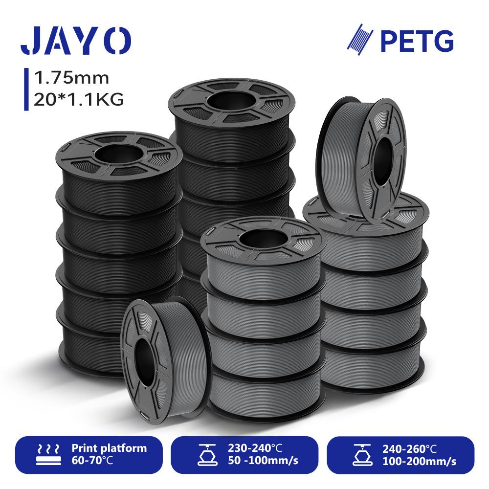 JAYO 20Roll PETG 3D Printer Filament 1.75 ±0.02mm 1.1kg/roll BK+WT+GY High Toughness Neatly Wound Filament Fit Most FDM Printer