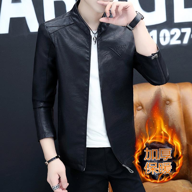 Hot Sale Autumn and Winter New Men's Inverted Triangle Casual Fashion Stand-Up Collar Fleece Leather Jacket Thickened Jacket