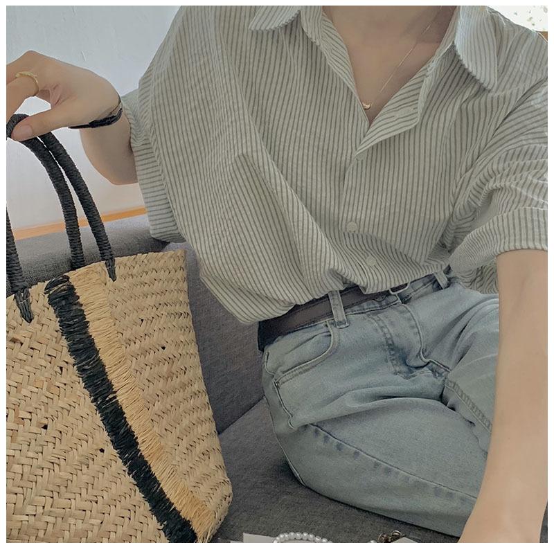 French striped collar short-sleeved shirt women's thin 1116 summer temperament shirt design sense chic top