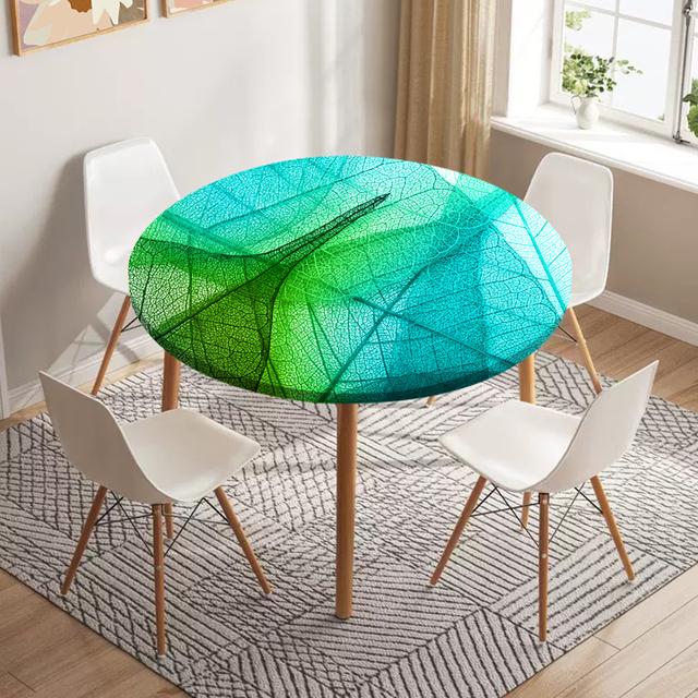 Skeleton Leaves Round Fitted Tablecloth Waterproof Dining Table Decoration Accessories Classic Pattern Table Cover Kitchen Decor