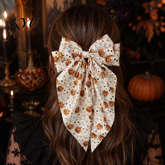 Trendy Satin Hair Bows Large Halloween for Women Girls, Vintage Ribbon Barrette Clips with Long Non-slip Spring Tails, Ghost/Pumpkin/Blood Mouth Print