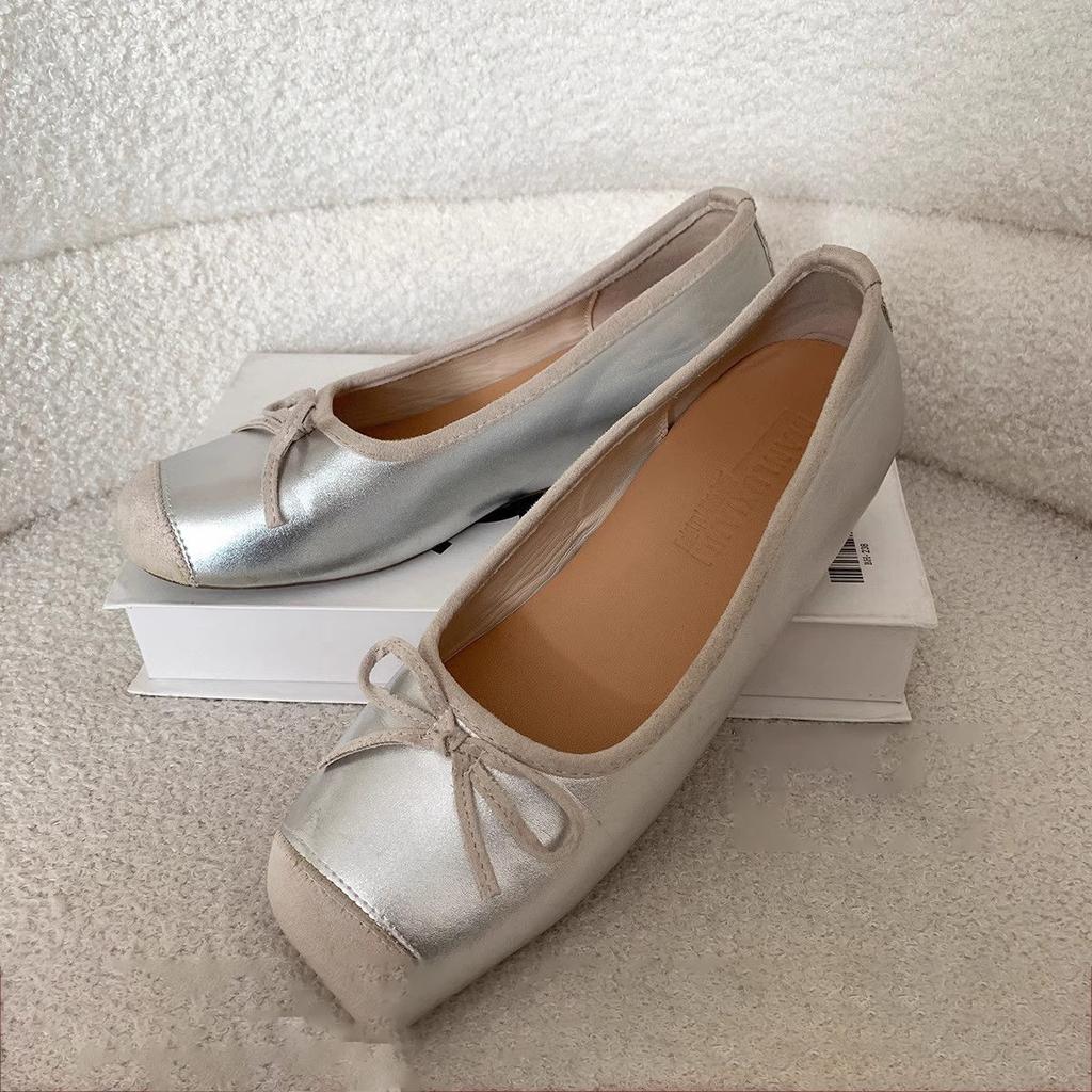 Casual high ballet flat bottom small fresh versatile gray bow splicing soft bottom square head shallow mouth single shoes 2025