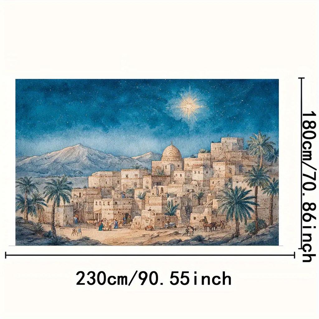 2D flat, 1pc Bible Village and starry sky scene - 2D flat polyester photo background for Christmas and Halloween decorations
