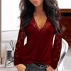 Women's Lace Lace Stitching V-neck Sexy Clothing Solid Color Fashion Slimming See Through Long Sleeves