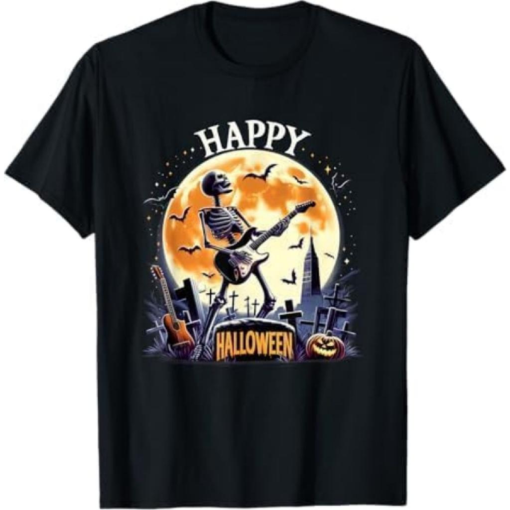Счастливый Скелет Гитарист Ретро Хэллоуин Рок-группа Концерт Футболка MAILINH Мужская Женская Майка Толстовка Худи Черный