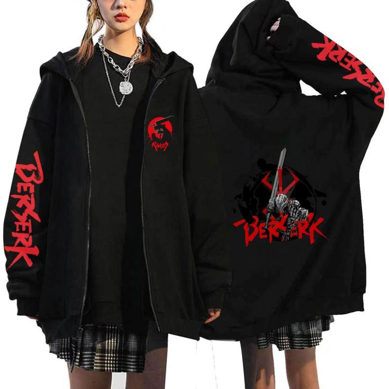 Худи на молнии с капюшоном из аниме Berserk для мужчин, оверсайз, с флисовой подкладкой, с кулиской, капюшоном, боковыми карманами