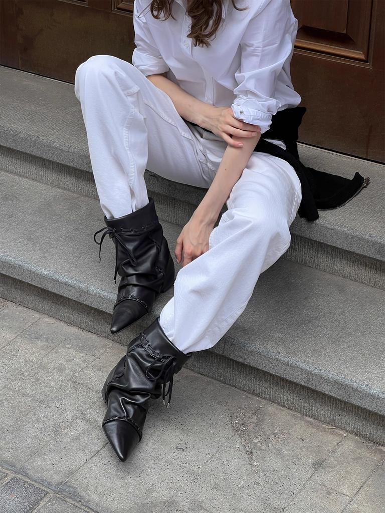 Foldable Two-wear Dong Life Same 25 New Stacked Ankle Boots You Mufeng Pointed Short Boots Stacked Boots Women